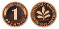 Federal Republic of Germany 1 pfennig coin 1992 Royalty Free Stock Photo