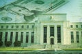 Federal Reserve building with twenty dollar bill on grunge texture