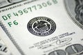 Federal reserve system bank symbol seal close up US United States USA fed funds interest rate rates inflation policy dollar bill Royalty Free Stock Photo