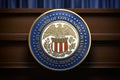 Federal Reserve System Fed sign and symbol on tribune in press conference hall Royalty Free Stock Photo