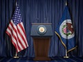 Federal Reserve System Fed of USA chairman press conference concept. Tribune with symbol and flag of FRS and United States Royalty Free Stock Photo