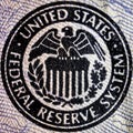 Federal reserve system seal with columns and a eagle illustration on the 50 dollar banknote Royalty Free Stock Photo