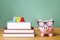 Federal Student Aid theme with pink piggy bank with chalkboard