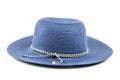 Fedora blue hat with black and white stripe on white background Royalty Free Stock Photo