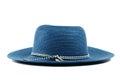 Fedora blue hat with black and white stripe on white background Royalty Free Stock Photo