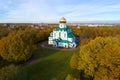 Fedorovsky Cathedral in Tsarskoye Selo, golden autumn shot from quadcopter