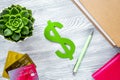 Fee-paying education set with dollar sign, books and cards on light table background top view mockup Royalty Free Stock Photo