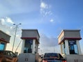 The fee station gates of Rod El Farag axis bridge which is a cable-stayed bridge over the Nile river crossing Cairo