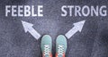 Feeble and strong as different choices in life - pictured as words Feeble, strong on a road to symbolize making decision and