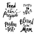 Feed me I'am pregnant. Blessed to be mom. Positive test. Mommy to be. Vector set with moms life, motherhood lettering