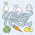 Feed the rabbit game for kids, three rabbits and three ways to treat them, educational tasks for kids Royalty Free Stock Photo