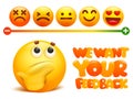 Feedback concept. Rank, level of satisfaction rating in form of yellow emoji cartoon characters. User experience. Review of