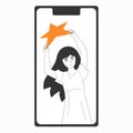 Feedback concept smartphone screen. Woman customer holding stars in hands. Client positive reaction high ranking concept. Best