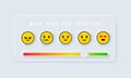 Feedback emoji slider. Reviews or rating scale with emoji representing different emotions. Level of satisfaction rating. Vector