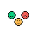 Feedback emoticons, positive, neutral and negative faces flat color line icon.