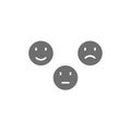 Feedback emoticons, positive, neutral and negative faces grey icon.