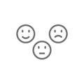 Feedback emoticons, positive, neutral and negative faces line icon.