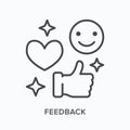 Feedback flat line icon. Vector outline illustration of customer satisfaction. Like, emotion, thumb up reaction thin