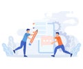 Feedback illustration set. Characters filling survey form, giving positive feedback and filing checklist on smartphone and