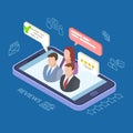 Feedback reviews isometric vector illustration. Online feedback concept with phone, people, speech bubbles Royalty Free Stock Photo