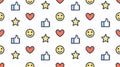 Feedback seamless pattern with flat line icons of thumbs up, like, star, happy customer. Simple background for client