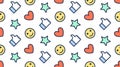 Feedback seamless pattern with flat line icons of thumbs up, like, star, happy customer. Simple background for client