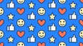 Feedback seamless pattern with flat line icons of thumbs up, like, star, happy customer. Simple background for client