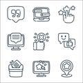 feedback and testimonials line icons. linear set. quality vector line set such as location, rating, vote, chat, dislike, comment,