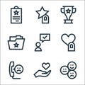 feedback and testimonials line icons. linear set. quality vector line set such as review, heart, dislike, hearts, testimonial,