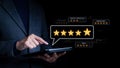 Feedback user give rating to service excellent experience on tablet application, Client evaluate quality of service reputation