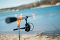 Feeder fishing. Fishing reel on the rod. Fisherman`s reel, mounted on fishing rod. Feeder fishing in English style