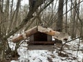 Feeder for winter feeding of birds. Birdhouse on a tree for squirrels and animals. Homemade bird house in the forest Royalty Free Stock Photo