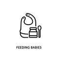 Feeding babies flat line icon. Vector illustration bib and baby puree jar and spoon. Start eating solid food with baby Royalty Free Stock Photo