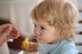 Feeding baby. Mother giving healthy food to her adorable child at home. Royalty Free Stock Photo