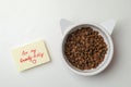 Feeding bowl of kibble with cat ears and cute note For My Lovely Kitty on white background, flat lay