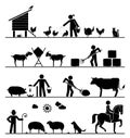 Pictogram icons presenting feeding of domestic animals on the fa