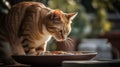 Feeding food to hungry chubby lovely cat or pet and stand up to waiting, generative ai