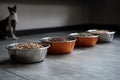 Feeding Time: Dry and Wet Pet Food in Bowls on Floor.