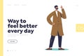 Feel better every day concept of landing page with happy man showing okay gesture