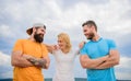 Feel comfortable with friends teammates. Trust and support attributes of true team. United by idea. Woman and men look Royalty Free Stock Photo