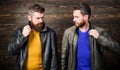 Feel confident in brutal leather clothes. Brutal men wear leather jackets. Leather fashion menswear. Men brutal bearded Royalty Free Stock Photo