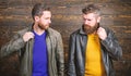 Feel confident in brutal leather clothes. Brutal men wear leather jackets. Leather fashion menswear. Men brutal bearded Royalty Free Stock Photo