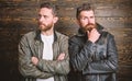 Feel confident in brutal leather clothes. Brutal men wear leather jackets. Men brutal bearded hipster posing in Royalty Free Stock Photo