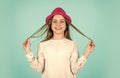 Feel extraordinary. happy childhood. Young and carefree. retro girl blue background. happy small kid retro hat. vintage