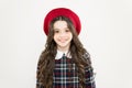 Feel extraordinary. parisian kid french beret. how to wear checkered dress. girl long curly hair. visit to hairdresser