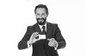 Feel free to contact me. Businessman happy hold plastic blank white card. Business man carries credit card. Banking Royalty Free Stock Photo