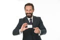 Feel free to contact me. Businessman happy hold plastic blank white card. Business man carries credit card. Banking Royalty Free Stock Photo