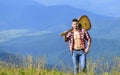 Feel good. hipster fashion. western camping and hiking. happy and free. cowboy man with bare muscular torso. acoustic Royalty Free Stock Photo