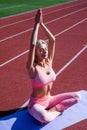 feel the harmony. sport success. concept of meditation. fitness sport fashion. healthy dieting