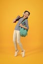 Feel the impact. Regular school day. Stylish schoolgirl. Girl carry backpack. Schoolgirl daily life. Inspired and Royalty Free Stock Photo